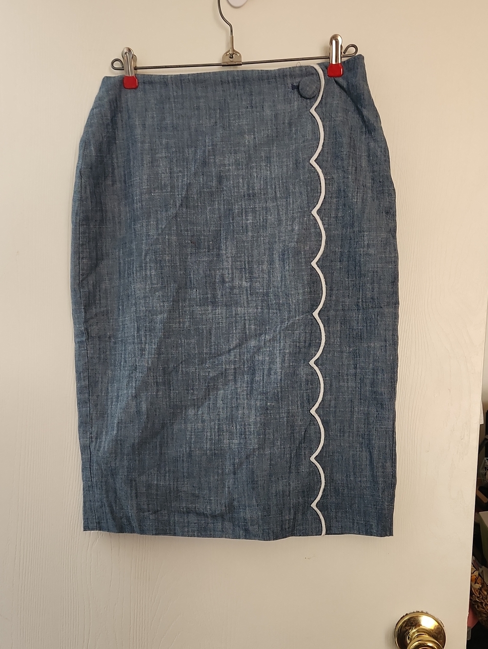 DownEast Chambray Pencil Skirt with White Scallop Trim